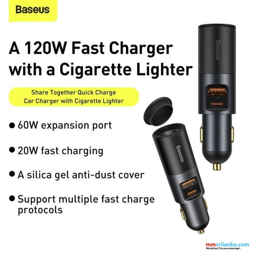 Baseus U+C 120W Share Together Fast Charge Car Charger with Cigarette Lighter Expansion Port Gray